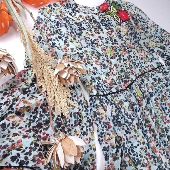 Anthropologie Bhanuni Multicolored Teal Black Floral Sheer Dress Sz 2 Pe… - Picture 7 of 12